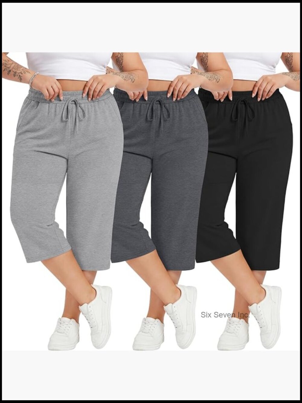 3 Pack Plus Size Cotton Capris, Stretchy Wide Leg Cropped Lounge Pants with